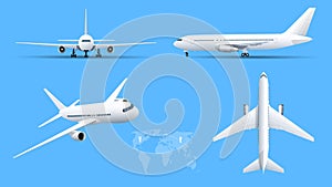 Airplanes on blue background. Industrial blueprint of airplane. Airliner in top, side, front view. Flat style vector