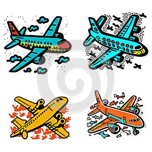 Airplanes doodle set. Vector illustration. Isolated elements on white background.
