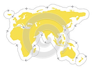 Airplanes fly over the map of Eurasia Africa Australia in grey and yellow.  Planes routes shape the world air global logistics con