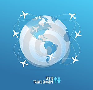 Airplanes flying around the globe. Travel concept