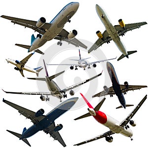 Airplanes flying, collection isolated on white background