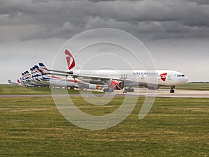 Airplanes grounded at Vaclav Havel airport Prague PRG during coronavirus disease Covid-19 stopping an operations