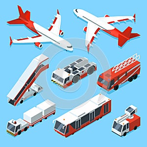 Airplanes set and other support machines in airport. Vector isometric illustrations of transport
