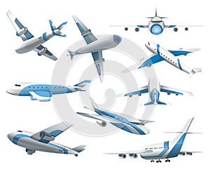 Airplanes on white background. Airliner in top, side, front view and isometric. Vector realistic aircraft. Passenger