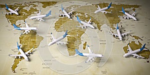 Airplanes on world  map. Airline flight routes and airport travel and tourism background