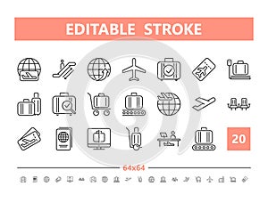 Airport 20 line icons. Vector illustration in line style. Editable Stroke, 64x64, 256x256, Pixel Perfect.