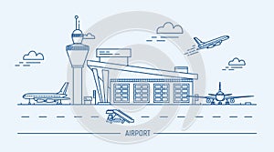 Airport, aircraft. Lineart black and white vector illustration with air terminal and airplanes.