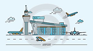 Airport, aircraft. Lineart colorful vector illustration with air terminal and airplanes.