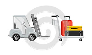 Airport airfield vehicles set. Luggage cart and forklift vector illustration