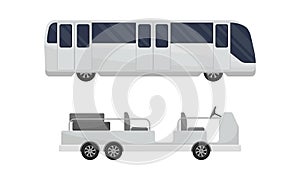 Airport airfield vehicles set. Passenger bus and baggage loader, airport infrastructure elements vector illustration