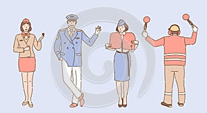 Airport and airline workers illustration. Aircrew, stewardess, pilot and airport employee characters.
