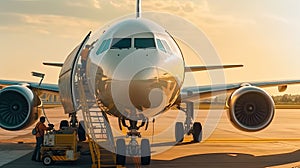 Airport airplane crew refueling aircraft on airline by technical staff maintenance ground. Repair of aircraft service worker use