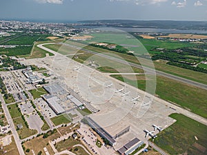 Airport with airplanes, aerial view