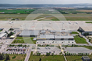 Airport with airplanes, aerial view