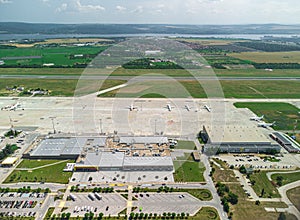 Airport with airplanes, aerial view