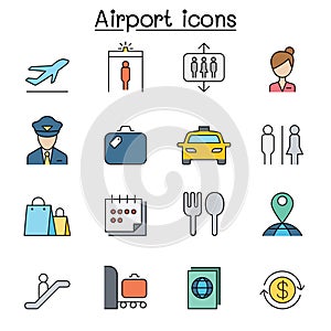 Airport and Aviation color line icon set