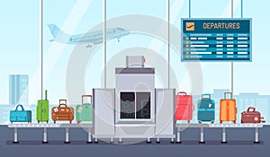 Airport baggage scanner. Conveyor belt with luggage and inspection control terminal. Security check for bags and