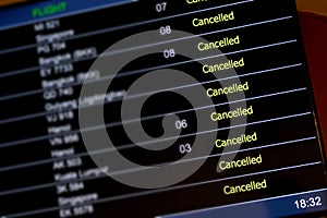 Airport billboard panel with cancelled flights during coronavirus covid-19 epidemic