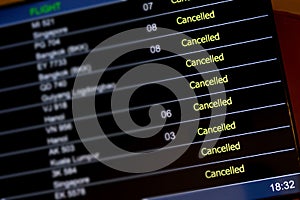 Airport billboard panel with cancelled flights during coronavirus covid-19 epidemic photo