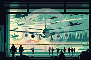 Airport Bliss Serene Illustration of Planes Taking Off and Landing at a Busy Airport Terminal
