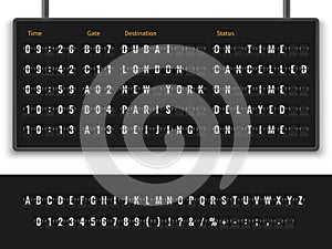 Airport board. Font alphabet info panel arrival departure display timetable destination flight terminal illustration