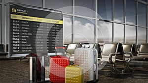 Airport boarding sign, and luggages inside airport waiting room. 3D illustration