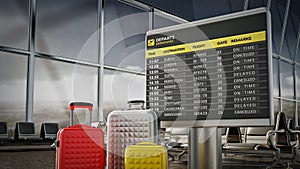 Airport boarding sign, and luggages inside airport waiting room. 3D illustration