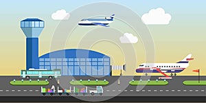 Airport building and plane runway area vector flat design