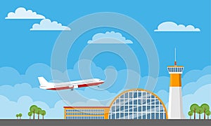 Airport building and planes. Airport Terminal building with aircraft taking off. Airport building and airplanes on