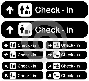 Airport check-in claim dirrection signs set, vector illustration