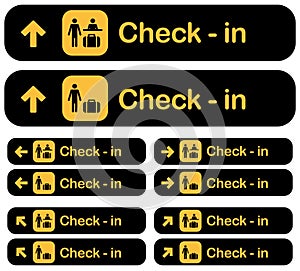 Airport check-in dirrection signs set, vector illustration