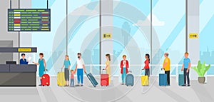Airport check in registration desk and people passengers queue vector illustration.