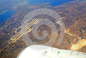 Airport at city Chania from airplane,Greece