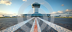 Airport control tower with departing plane in blurred background, copy space available