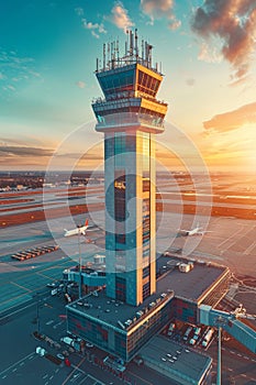 Airport control tower with departing plane on blurred background, space for text