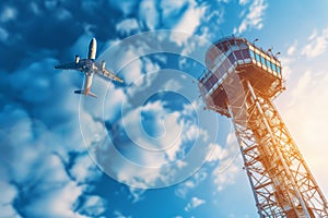 Airport control tower overseeing departing aircraft against blurred background with space for text photo