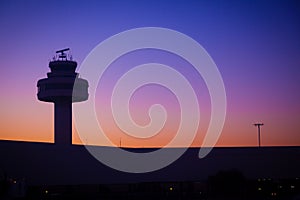Airport Control Tower at Sunset