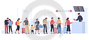 Airport departure area. Plane boarding flight register, tourists with luggage in landing queue check in vector photo