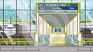 Airport departure board with Geneve caption. Travel in Switzerland related cartoon illustration