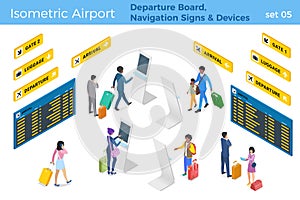 Airport Departure Board Navigation Signs and People near Devices isometric vector illustration set