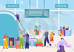 Airport departure travel, man woman at terminal vector illustration. Business airplane flight with luggage, vacation at