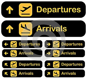 Airport Departures, arrivals dirrection signs set, vector illustration