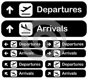 Airport Departures, arrivals dirrection signs set, vector illustration