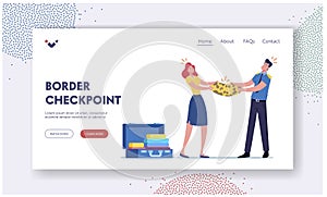 Airport Employee Fighting with Passenger for Baggage Landing Page Template. Customs Officer Confiscate Tourist Property