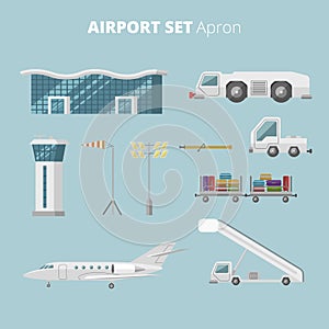 Airport equipment flat vector illustration set. Apron machinery icons. photo