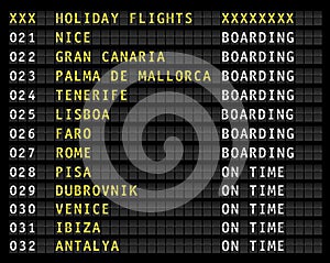 Airport flight information display w. holiday flights