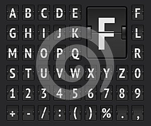 Airport flip scoreboard alphabet font with numbers to display flight destination, arrival or departure info. Vector