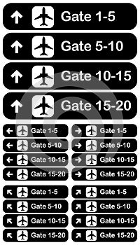 Airport gate dirrection signs set, vector illustration