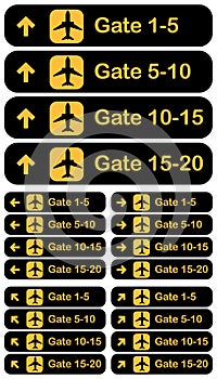 Airport gate dirrection signs set, vector illustration