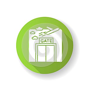 Airport gate green flat design long shadow glyph icon. Airplane departure. Plane flying in sky. Window at aircraft